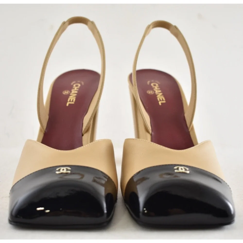Chanel 26S Blazy Beige Black Square Toe Sling CC Slingback Block Heel Pump 37 - Picture 9 of 16